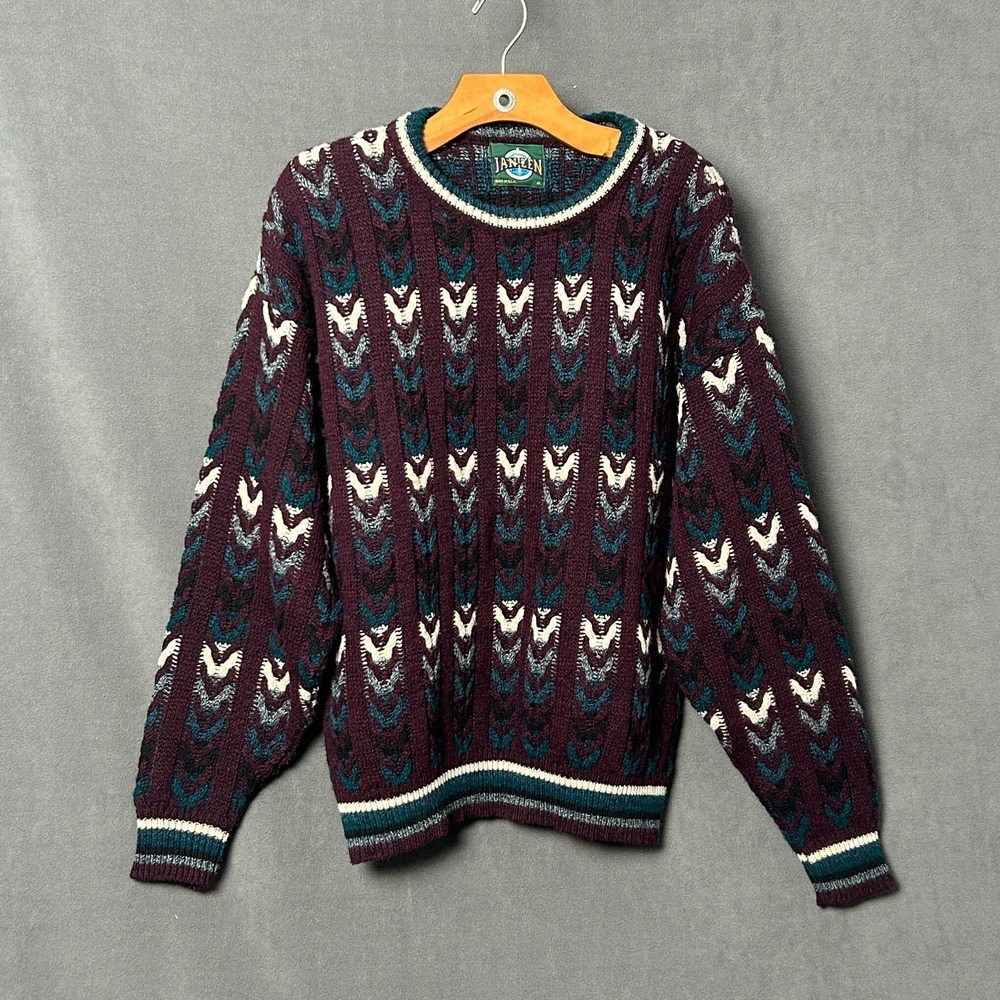 Vtg 90s Jantzen Cosby Sweater XL Made in USA 3D Geometric Knit Purple Aqua